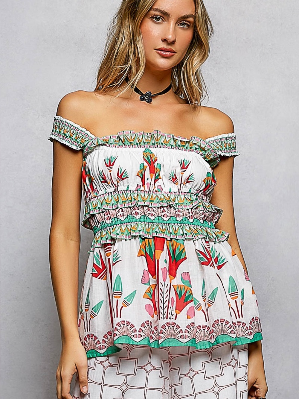 New POL Summer Bohemian Prints Desert Bloom Smocked Off-Shoulder Top